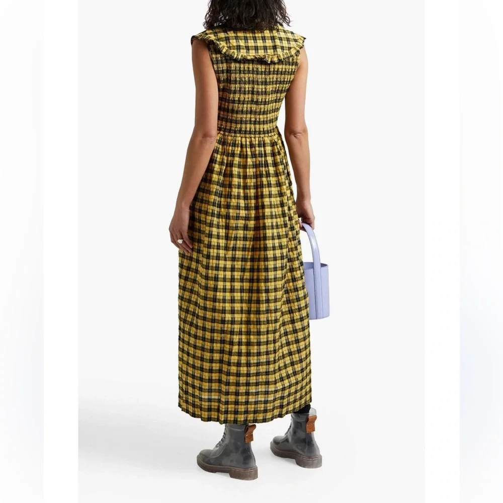 GANNI Collared Plaid Shirred Gingham Seersucker Yellow Maxi Midi Dress 36/ US 6 - Picture 5 of 8